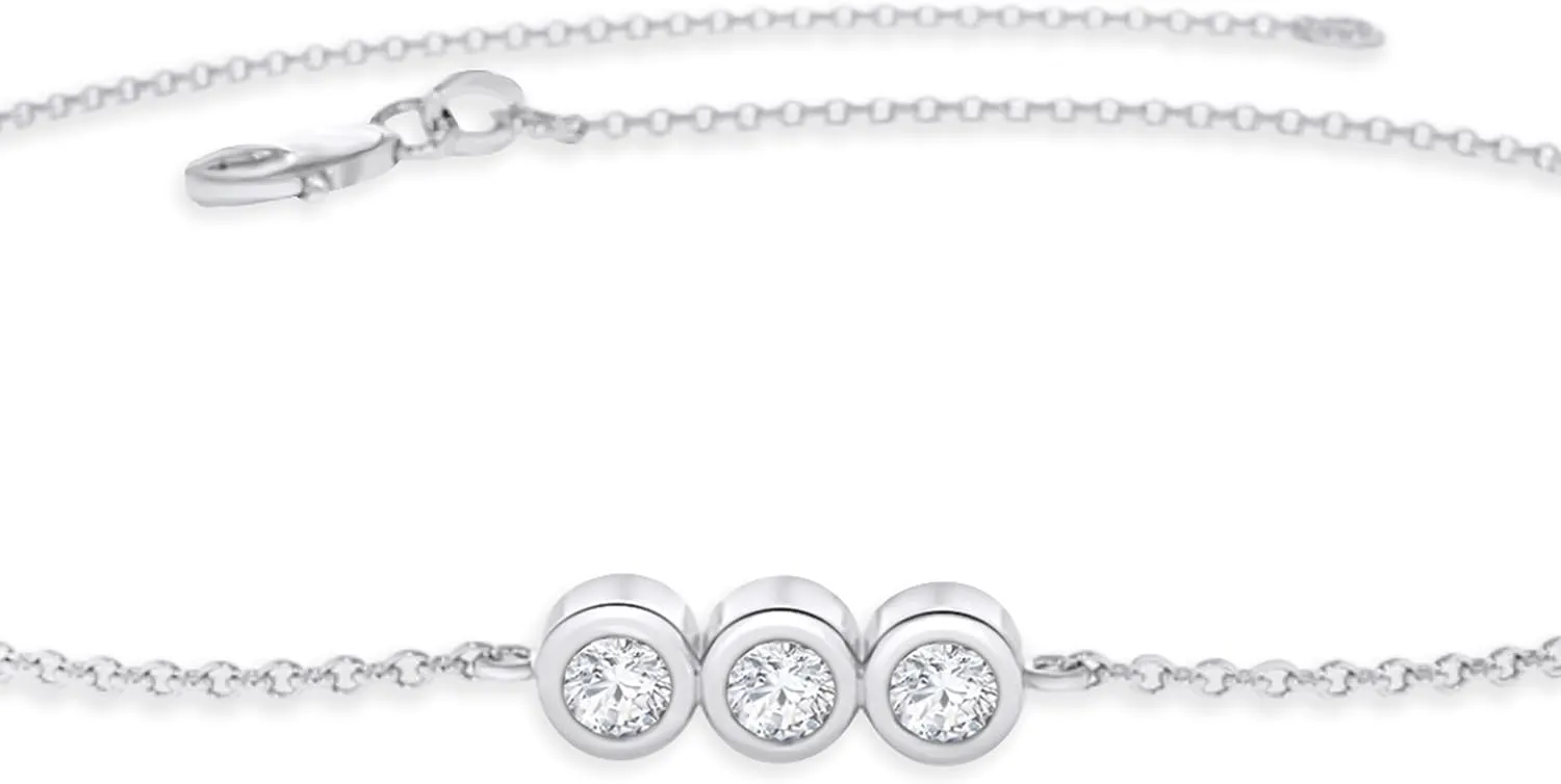 3-Stone Bracelet For Women | 2MM Round Lab Created Moissanite & Lab Grown Diamond Stackable Cable Link Chain Bracelets |14K Gold Over Sterling Silver Jewelry Gifts For Her (0.10 Cttw) 6.00" To 8.00"