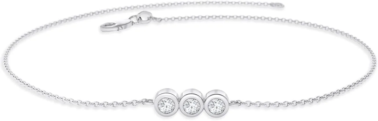 3-Stone Bracelet For Women | 2MM Round Lab Created Moissanite & Lab Grown Diamond Stackable Cable Link Chain Bracelets |14K Gold Over Sterling Silver Jewelry Gifts For Her (0.10 Cttw) 6.00" To 8.00"