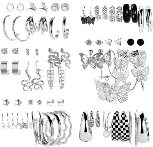 37 Pairs Silver Hoop Earrings Set for Women Multipack Fashion Drop Dangle Earring Packs Pearl Studs Butterfly Earrings Hypoallergenic Chunky Hoops Jewelry for Valentine's Day Gifts