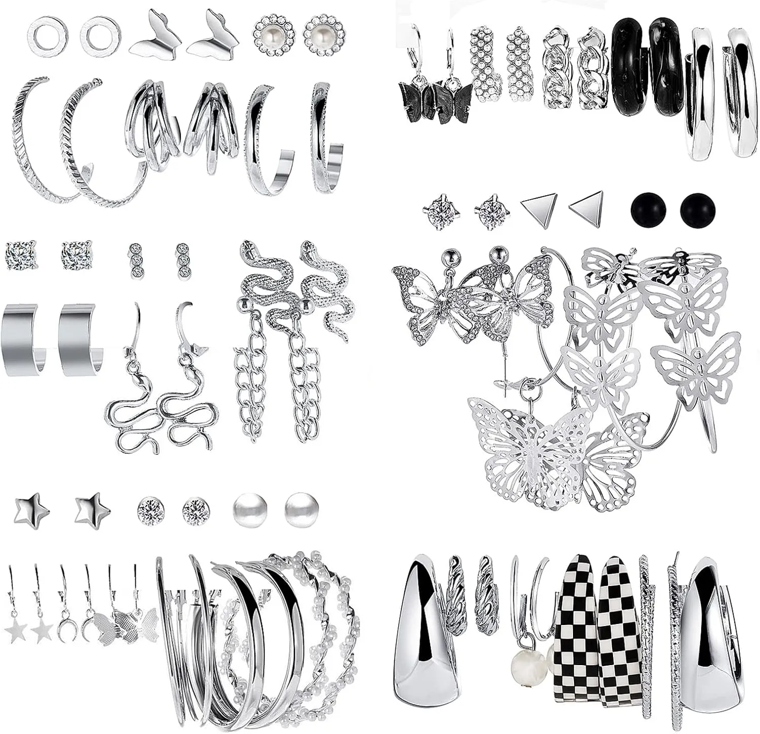37 Pairs Silver Hoop Earrings Set for Women Multipack Fashion Drop Dangle Earring Packs Pearl Studs Butterfly Earrings Hypoallergenic Chunky Hoops Jewelry for Valentine's Day Gifts