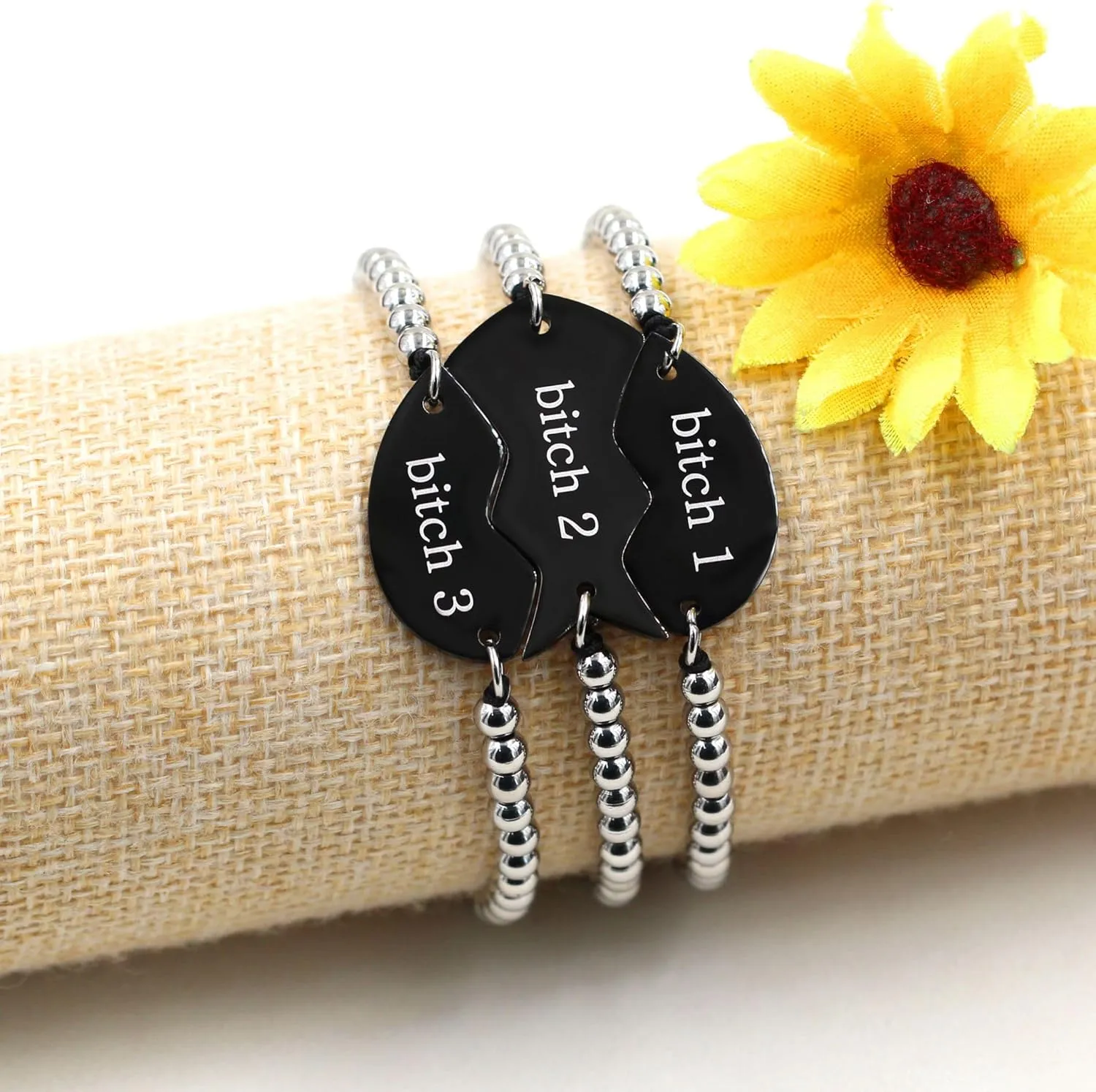 3pc Black Puzzle Heart Piece Stainless Steel Beaded Bracelet Set Friendship Sisters Family Bracelets for Women Mom Dad YA4773