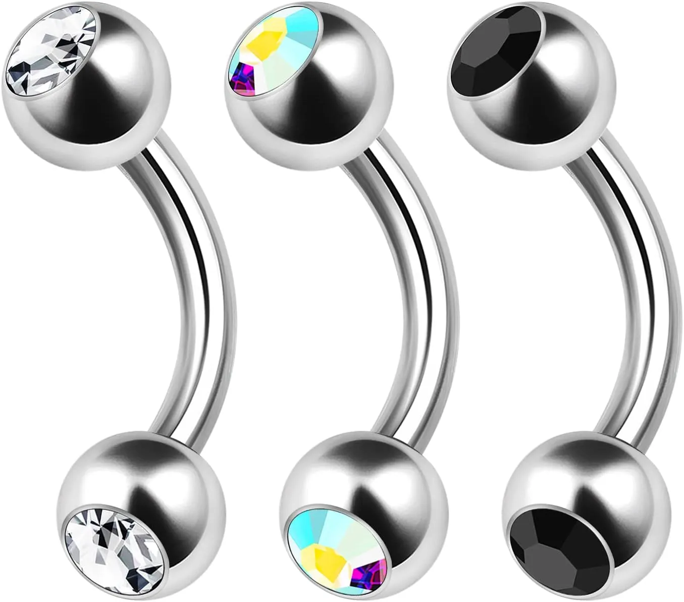 3PCS Surgical Steel Curved Barbell Bar 14 Gauge 5/16 8mm 4mm Crystal Ball Lobe Earrings Tragus Piercing Jewelry Choose Colors