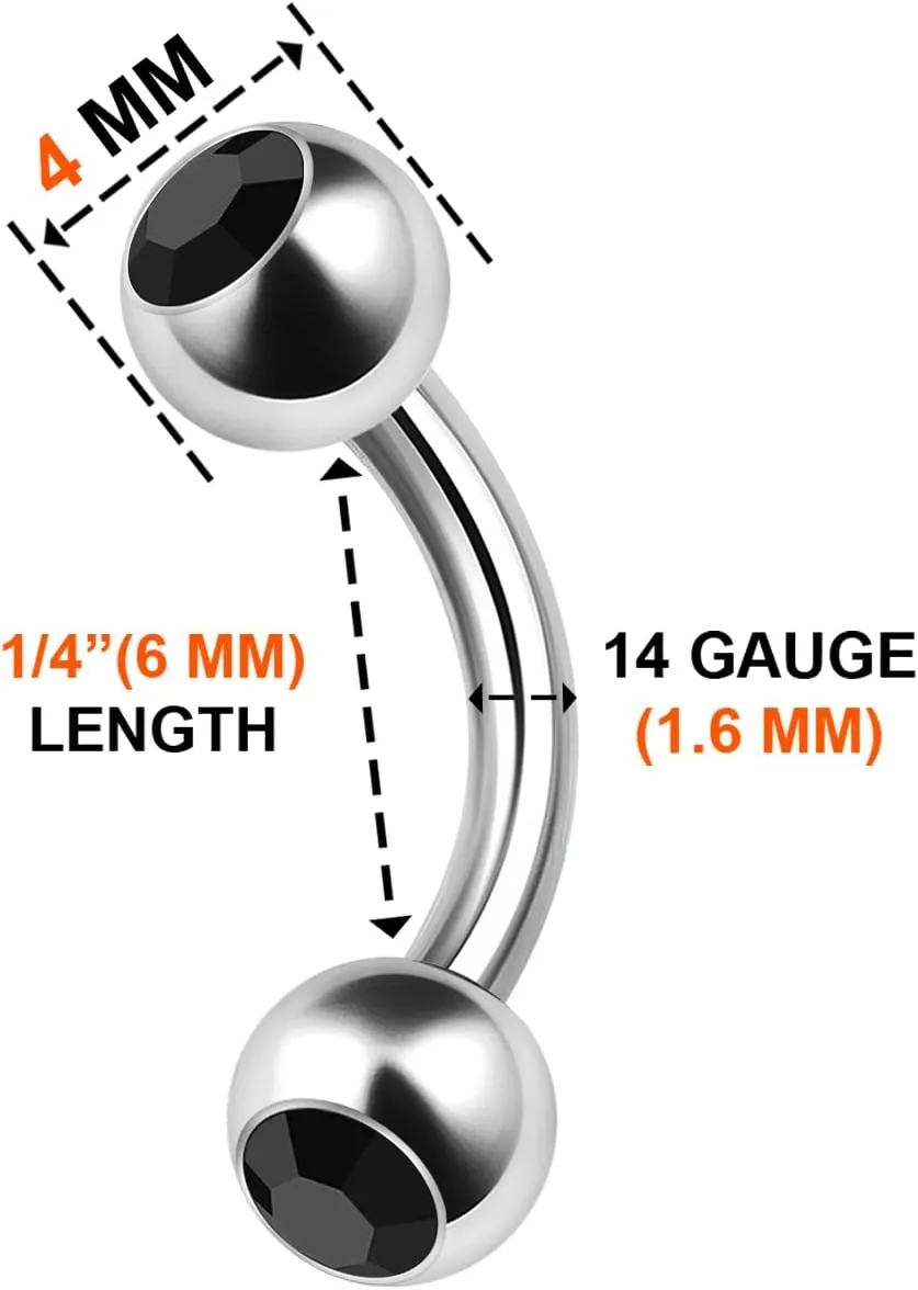 3PCS Surgical Steel Curved Barbell Bar 14 Gauge 5/16 8mm 4mm Crystal Ball Lobe Earrings Tragus Piercing Jewelry Choose Colors