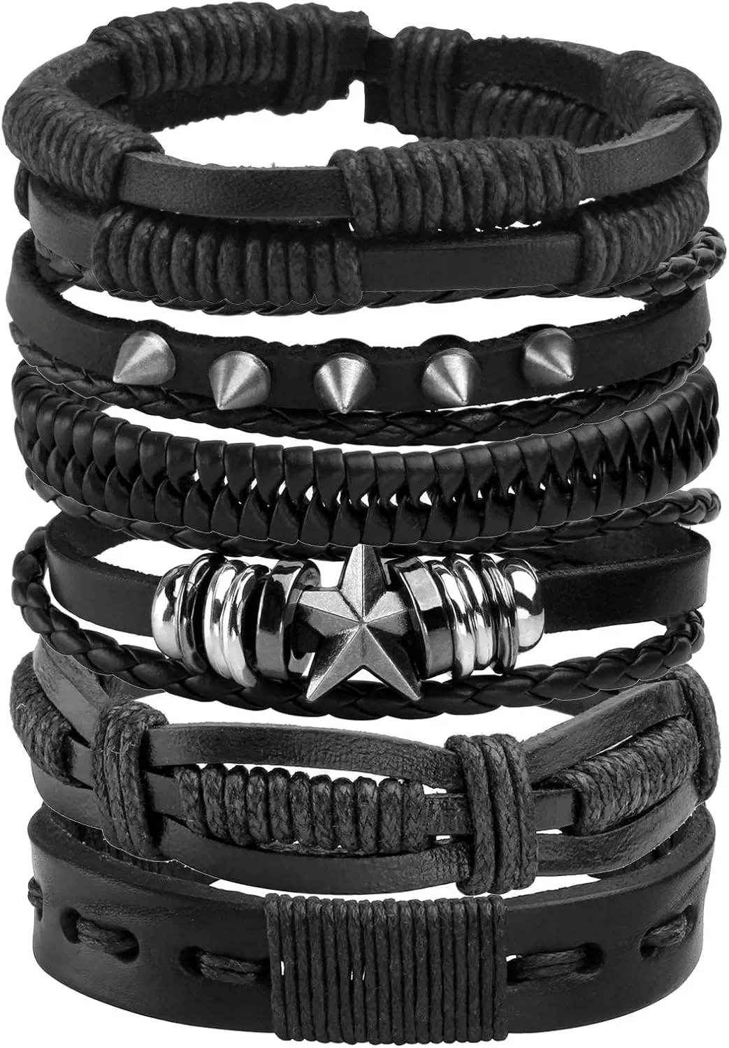 4-10 Pcs Leather Bracelets Set for Women Men Braided Wooden Beads Wrap Cuff Cord Adjustable
