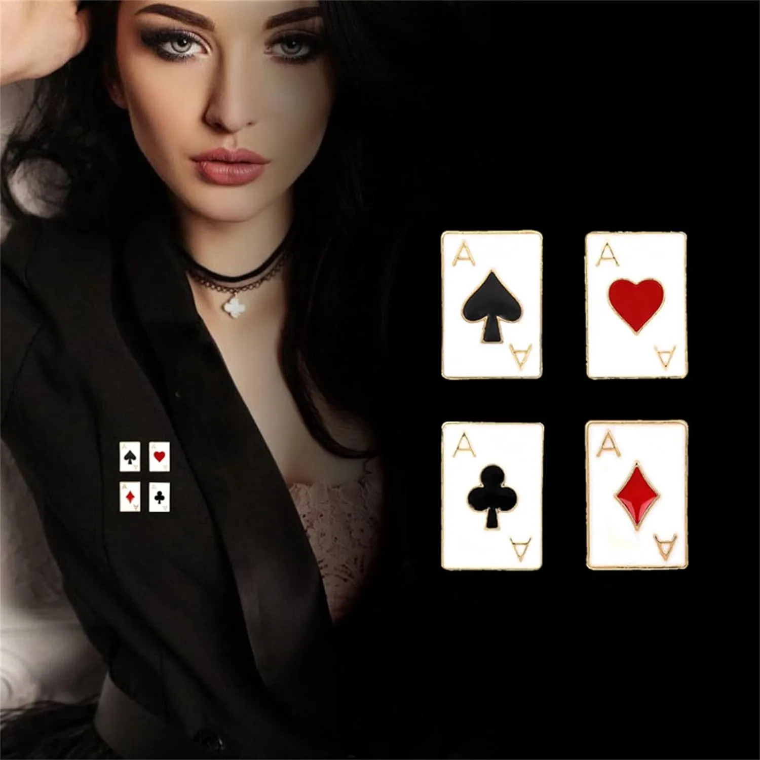 4 pcs Playing Card Enamel Lapel Pin Poker Playing Hand Cards Brooch Pin Playing Cards Brooch