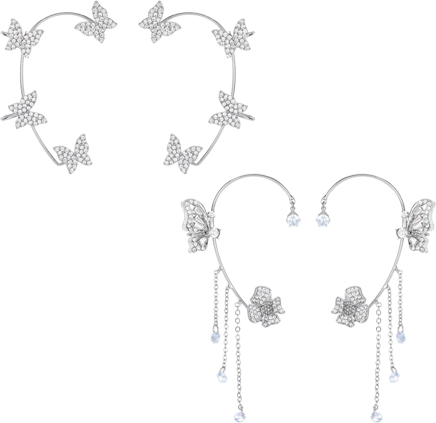4 Pcs Silver Butterfly Boho Non-Pierced Ear Cuffs, Butterfly Ear Cuffs, Ear Wrap Earrings