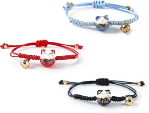 4 Pieces Cat Maneki Neko Bracelet Cute Lucky Cat Ceramic Beads Bracelets Feng Shui Lucky Bracelet Japanese Fortune String Bracelet with Bell, Adjustable