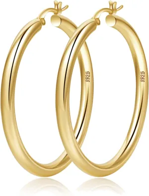 4mm Thick Gold Chunky Earrings Steling Silver Post Hoops Earrings For Women Hollow Tube Hoops Earrings Thick Gold Hoop Earrings Hypoallergenic Lightweight Gold Hoop Large Earrings 20/30/40/50/60MM