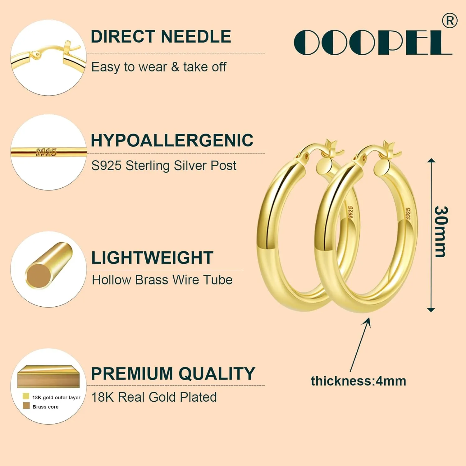 4mm Thick Gold Chunky Earrings Steling Silver Post Hoops Earrings For Women Hollow Tube Hoops Earrings Thick Gold Hoop Earrings Hypoallergenic Lightweight Gold Hoop Large Earrings 20/30/40/50/60MM