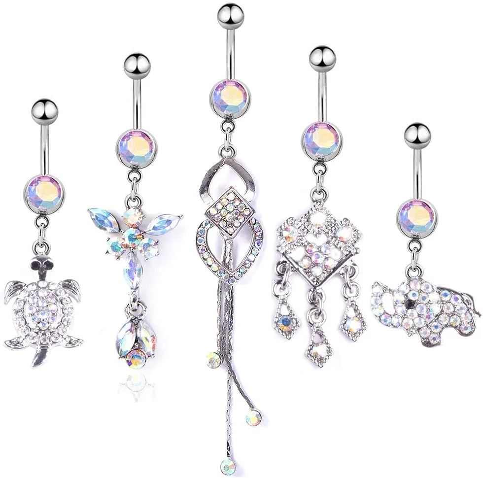 5PCS 14G Stainless Steel Belly Button Rings for Women Turtle Elephant CZ Navel Rings Dangle Body Piercing Jewelry