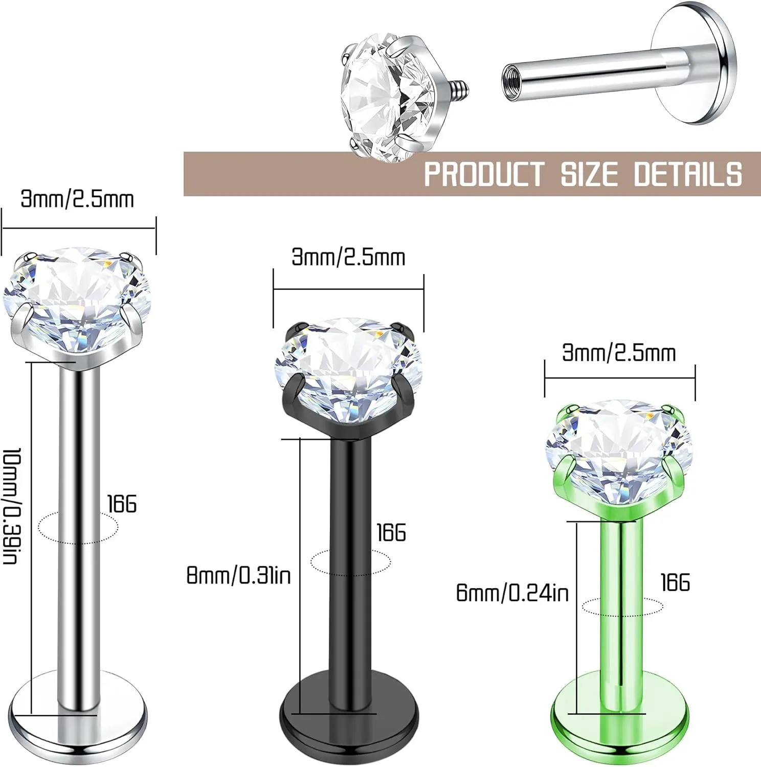 5pcs G23 Titanium Lip Labret Stud 16G Tragus Medusa Internally Threaded Tragus Helix Conch Cartilage Earrings Monroe Cubic Zirconia Piercing Jewelry Bar Length 6mm 8mm 10mm