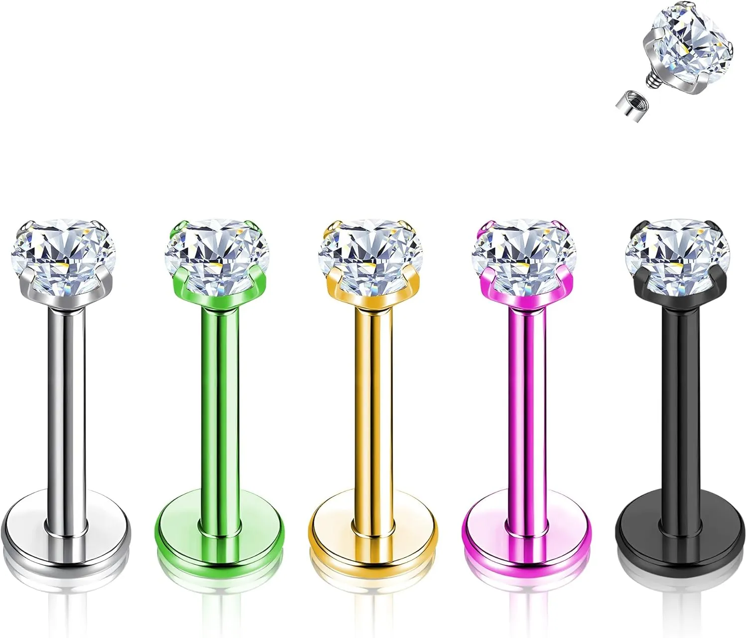 5pcs G23 Titanium Lip Labret Stud 16G Tragus Medusa Internally Threaded Tragus Helix Conch Cartilage Earrings Monroe Cubic Zirconia Piercing Jewelry Bar Length 6mm 8mm 10mm