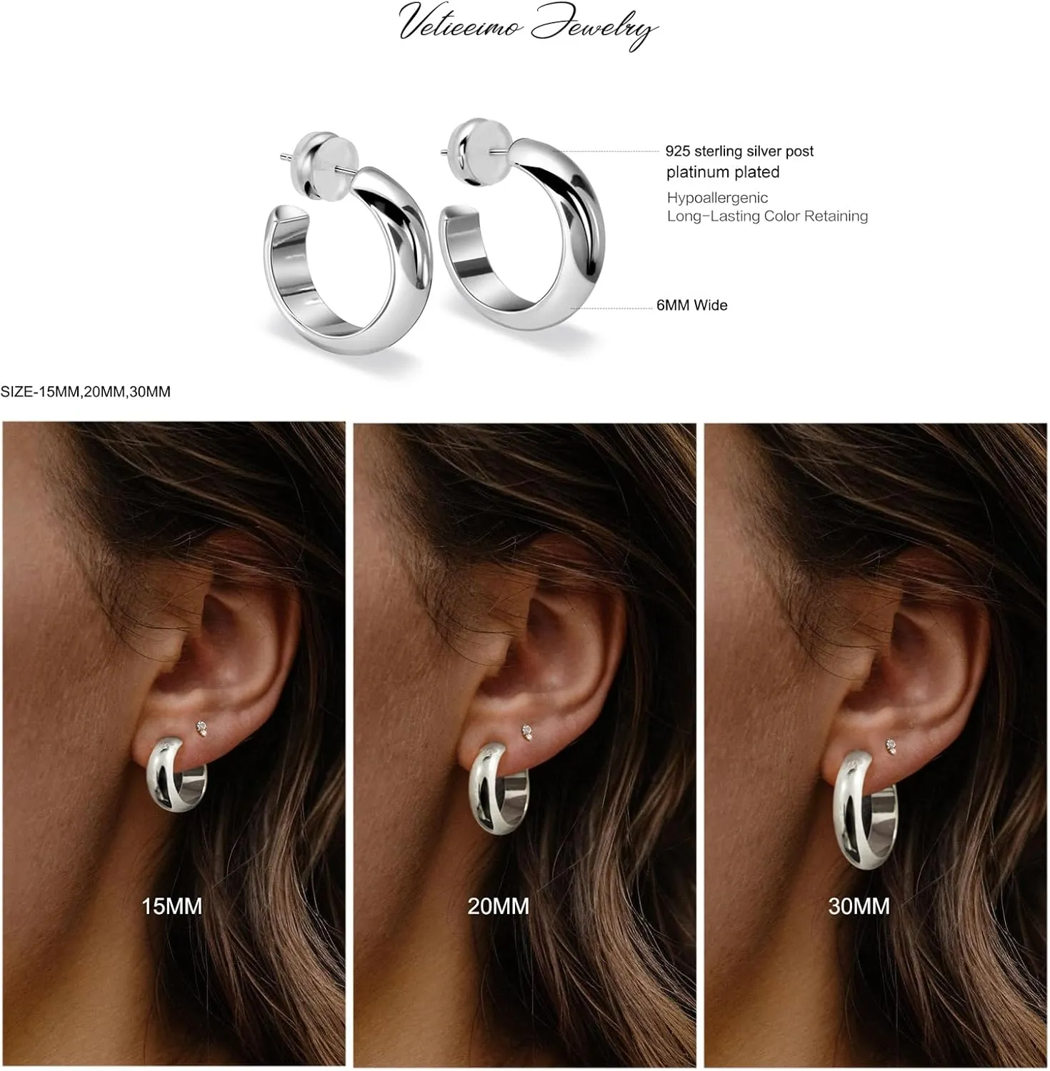 6MM Thick Chunky Gold Hoop Earrings for Women 925 Sterling Silver Post Gold Hoops Hypoallergenic Jewelry