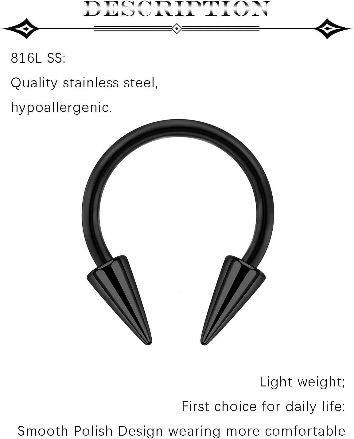 6Pcs Long Spike Septum Rings 16G Surgical Steel Snake Bite Jewelry Lip Rings Smiley Piercing Jewelry for Women Men 8mm 10mm