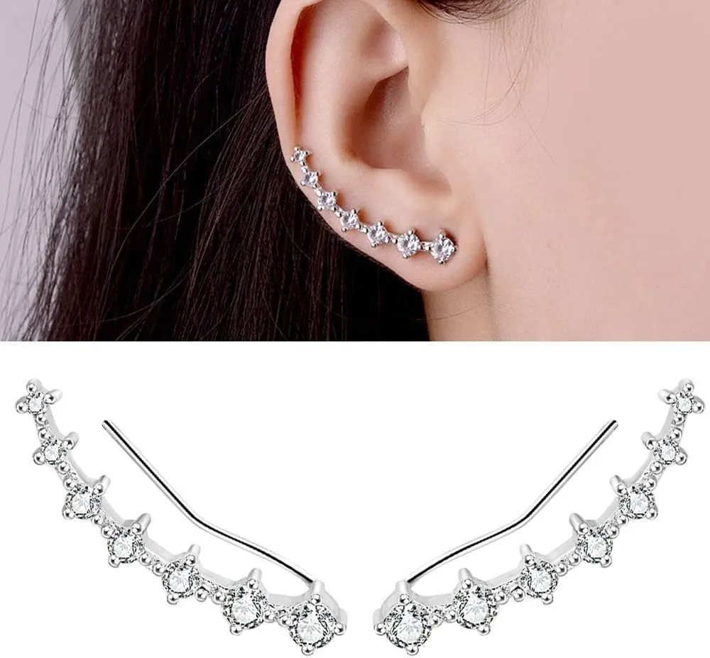 7 Crystals Ear Cuffs Stud Climbers Earrings S925 Sterling Silver Hypoallergenic Arete