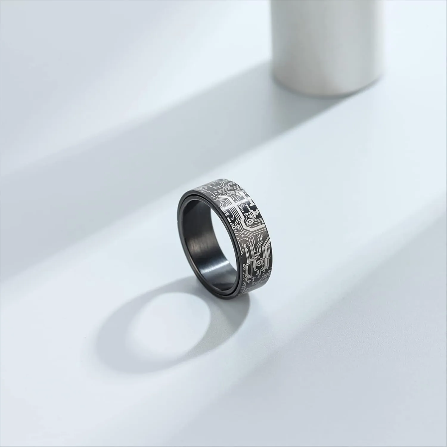 8mm Computer Circuit Board Pattern Ring Black/Silver/Blue/Gold - Spinner Fidget Anxiety Relieving Stainless Steel Ring For Men Programmer Wedding Band