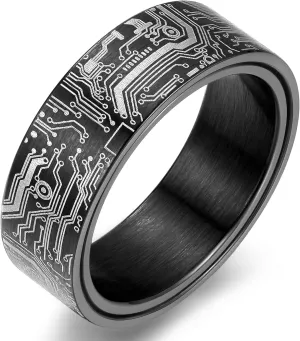 8mm Computer Circuit Board Pattern Ring Black/Silver/Blue/Gold - Spinner Fidget Anxiety Relieving Stainless Steel Ring For Men Programmer Wedding Band