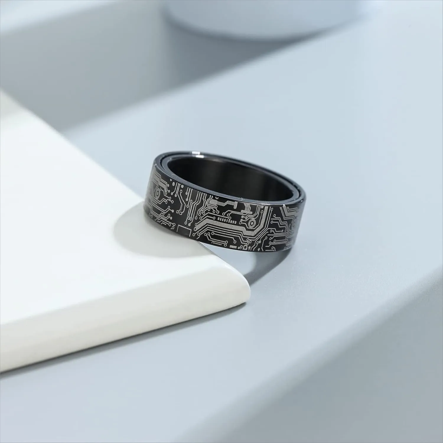 8mm Computer Circuit Board Pattern Ring Black/Silver/Blue/Gold - Spinner Fidget Anxiety Relieving Stainless Steel Ring For Men Programmer Wedding Band