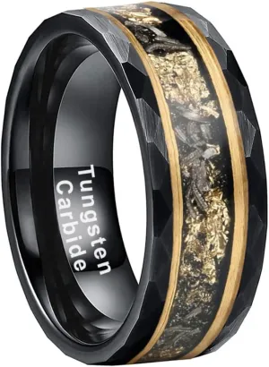 8mm Silver/Black Hammered Tungsten Rings for Couple Men Women Genuine Meteorite Gold Foil Inlay Fashion Jewelry Engagement Wedding Bands Matte Finish Comfort Fit