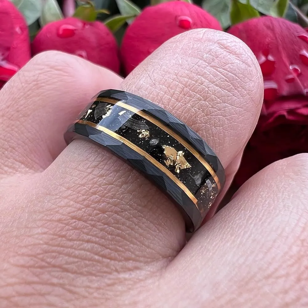8mm Silver/Black Hammered Tungsten Rings for Couple Men Women Genuine Meteorite Gold Foil Inlay Fashion Jewelry Engagement Wedding Bands Matte Finish Comfort Fit