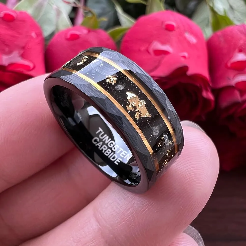 8mm Silver/Black Hammered Tungsten Rings for Couple Men Women Genuine Meteorite Gold Foil Inlay Fashion Jewelry Engagement Wedding Bands Matte Finish Comfort Fit