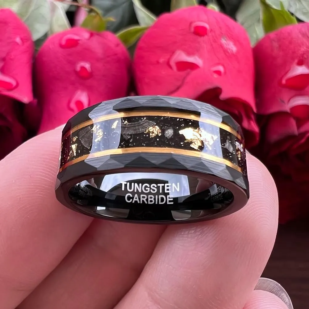 8mm Silver/Black Hammered Tungsten Rings for Couple Men Women Genuine Meteorite Gold Foil Inlay Fashion Jewelry Engagement Wedding Bands Matte Finish Comfort Fit