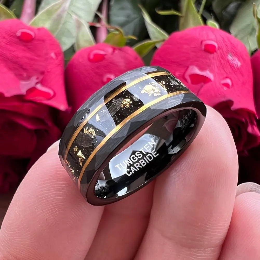 8mm Silver/Black Hammered Tungsten Rings for Couple Men Women Genuine Meteorite Gold Foil Inlay Fashion Jewelry Engagement Wedding Bands Matte Finish Comfort Fit