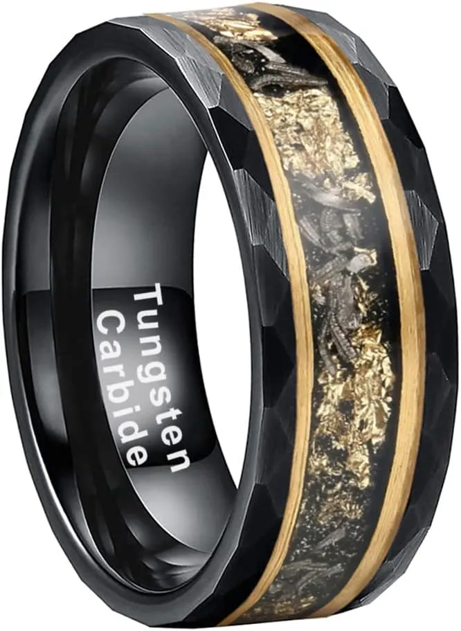 8mm Silver/Black Hammered Tungsten Rings for Couple Men Women Genuine Meteorite Gold Foil Inlay Fashion Jewelry Engagement Wedding Bands Matte Finish Comfort Fit