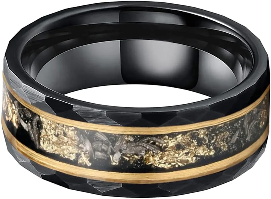 8mm Silver/Black Hammered Tungsten Rings for Couple Men Women Genuine Meteorite Gold Foil Inlay Fashion Jewelry Engagement Wedding Bands Matte Finish Comfort Fit