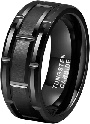 8mm Silver/Black/Gold Tungsten Rings for Men Women Promise Engagement Wedding Band Brick Pattern Brushed Center Comfort Fit