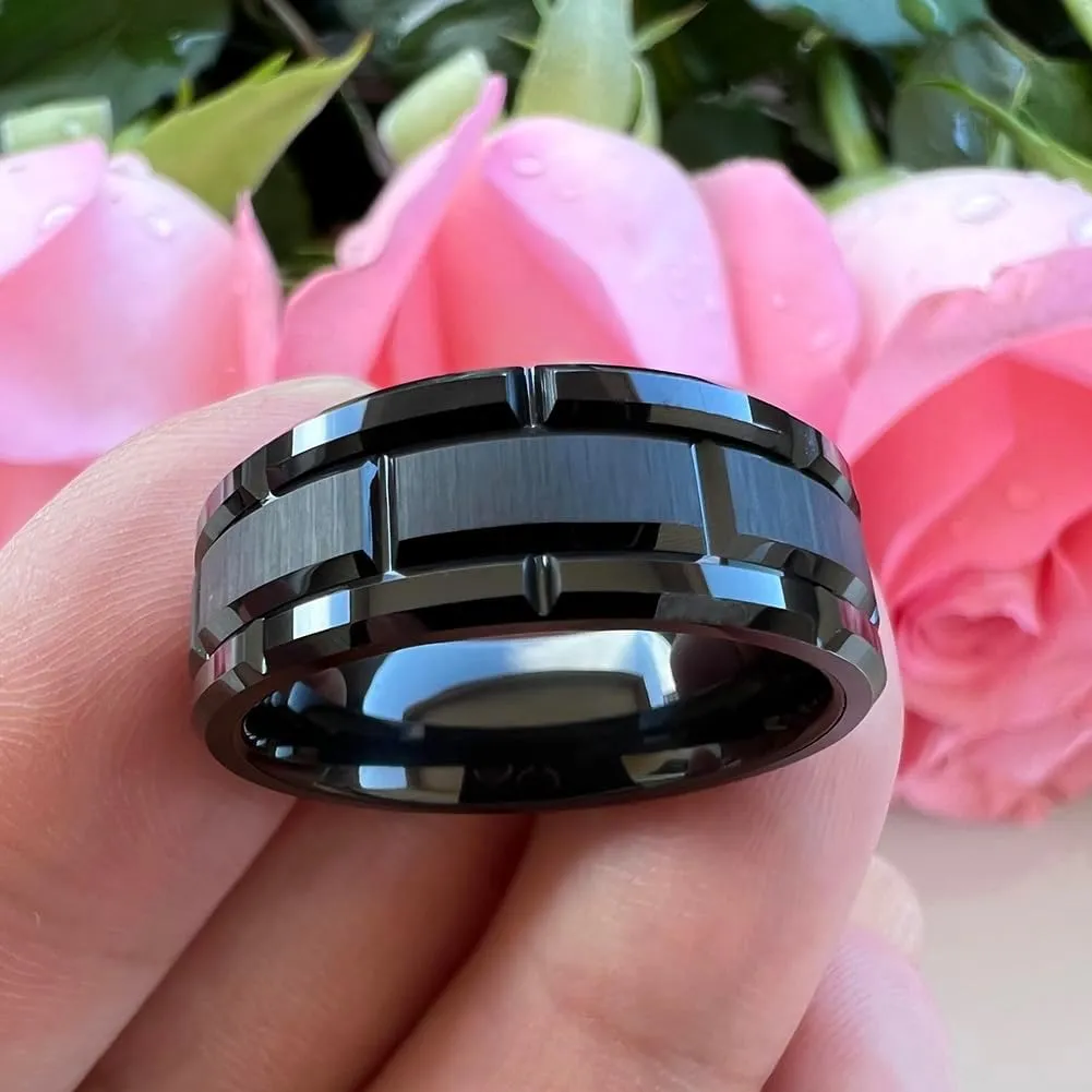 8mm Silver/Black/Gold Tungsten Rings for Men Women Promise Engagement Wedding Band Brick Pattern Brushed Center Comfort Fit