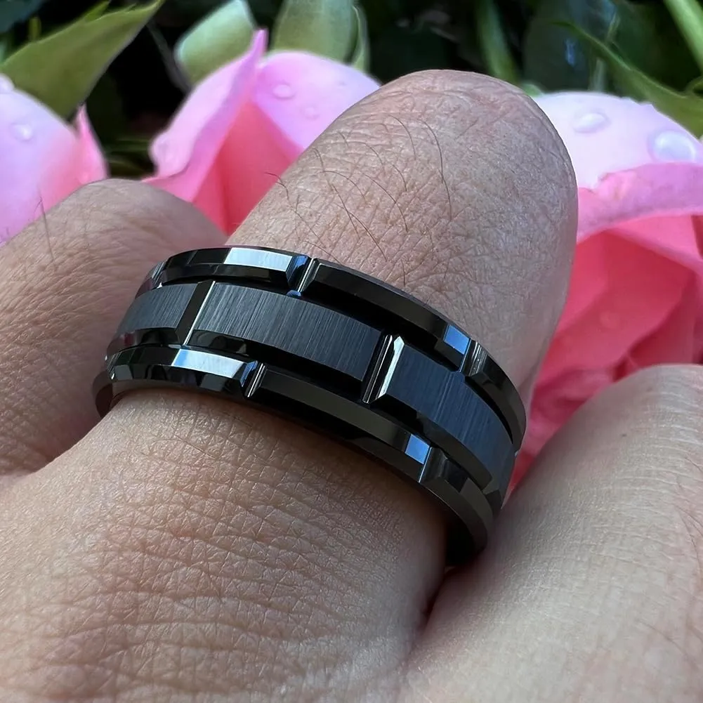 8mm Silver/Black/Gold Tungsten Rings for Men Women Promise Engagement Wedding Band Brick Pattern Brushed Center Comfort Fit