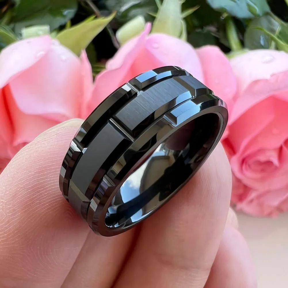 8mm Silver/Black/Gold Tungsten Rings for Men Women Promise Engagement Wedding Band Brick Pattern Brushed Center Comfort Fit