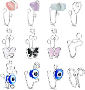 9-16pcs Multi-Style Adjustable Fake Nose Rings for Women Fake Nose Cuffs for Non Pierced Nose Heart Flower Butterfly Moon Star Clip on Fake Nose Ring Piercing