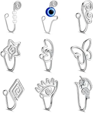9-16pcs Multi-Style Adjustable Fake Nose Rings for Women Fake Nose Cuffs for Non Pierced Nose Heart Flower Butterfly Moon Star Clip on Fake Nose Ring Piercing
