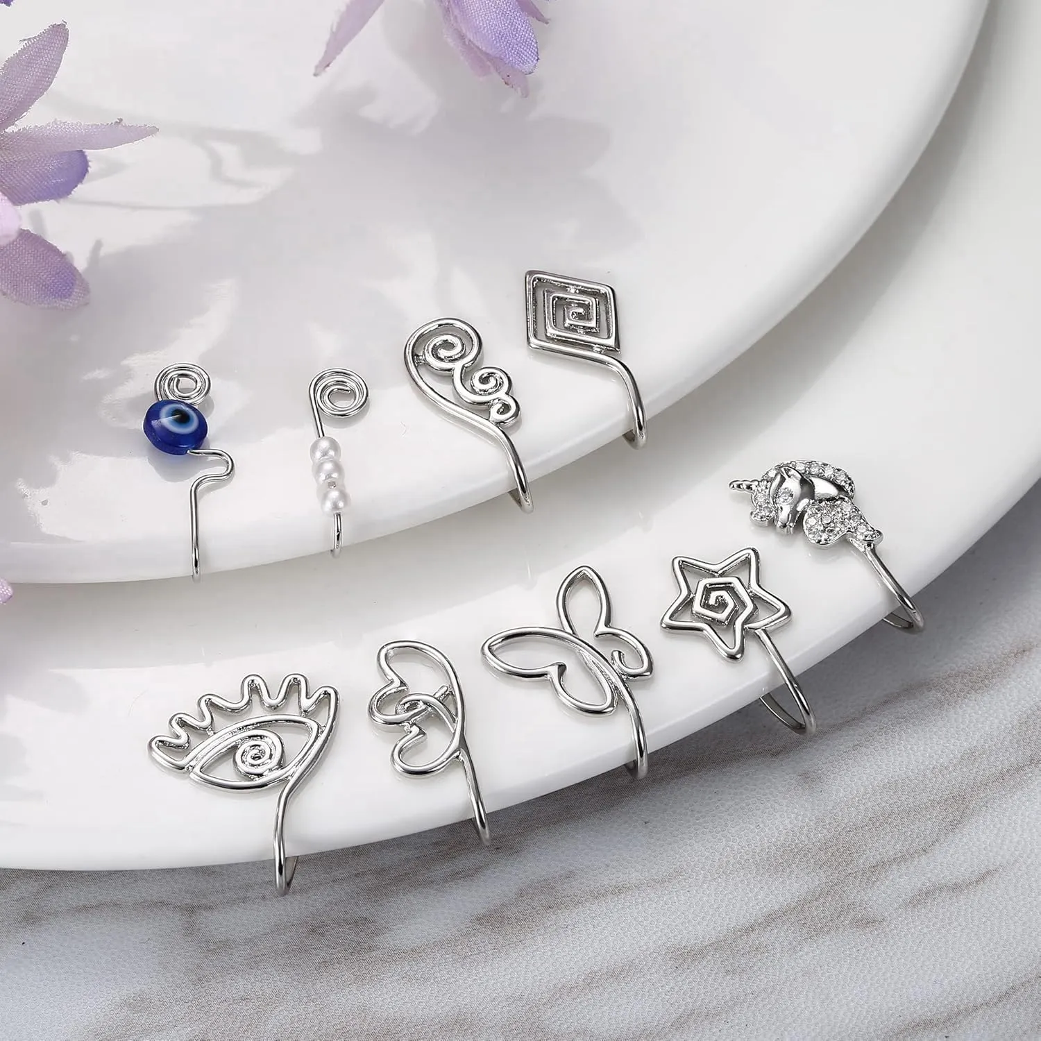 9-16pcs Multi-Style Adjustable Fake Nose Rings for Women Fake Nose Cuffs for Non Pierced Nose Heart Flower Butterfly Moon Star Clip on Fake Nose Ring Piercing