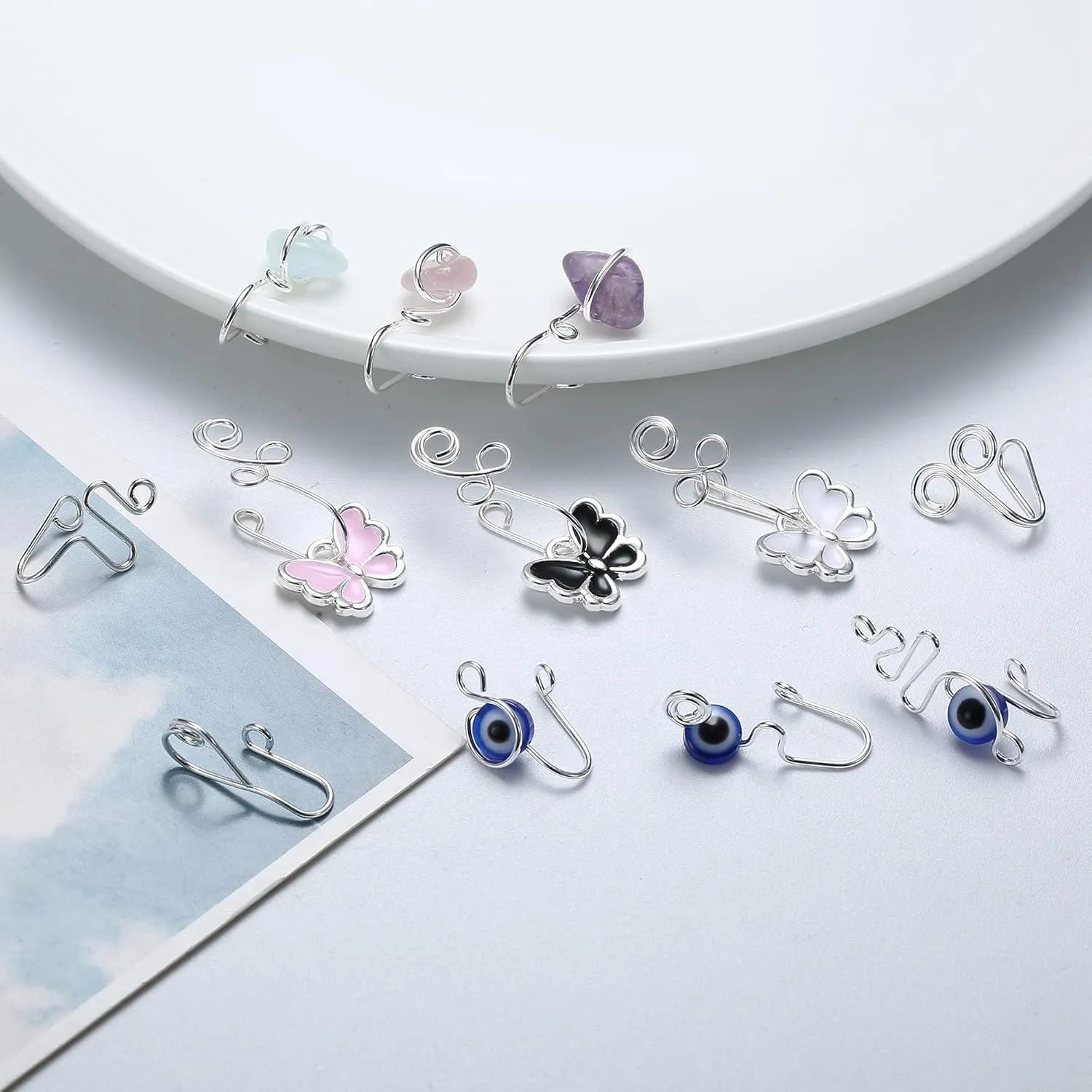 9-16pcs Multi-Style Adjustable Fake Nose Rings for Women Fake Nose Cuffs for Non Pierced Nose Heart Flower Butterfly Moon Star Clip on Fake Nose Ring Piercing