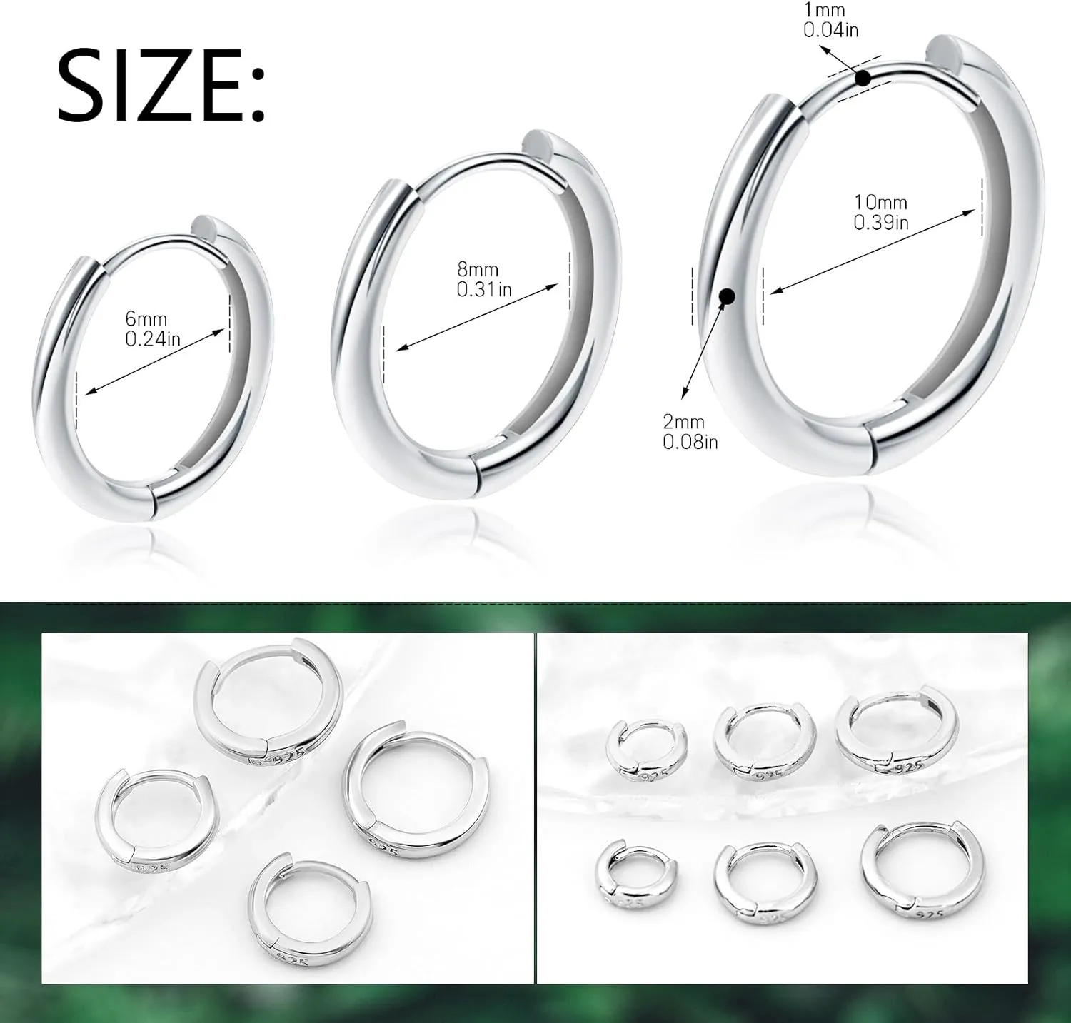 925 Silver 6mm Huggie Hoop Earrings, Set of 2, Cartilage Piercing Jewelry