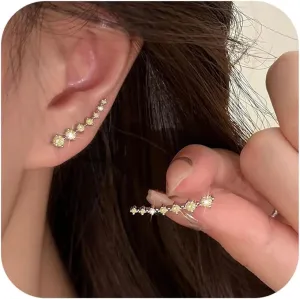 925 Sterling Silver 7 Crystals Ear Cuffs Hoop Climber Earring for Women, Cartilage Earrings with CZ Piercing Dainty Ear Crawler Earrings Mother's Day Birthday Christmas Jewelry Gift Graduation Gift