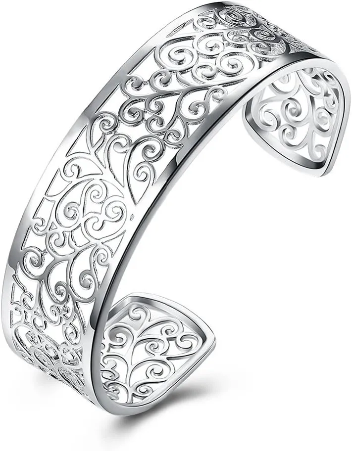 925 Sterling Silver Bangle Cuff Bracelets For Women, Hollow Open Bangle Bracelet Jewelry For Women (Silver)