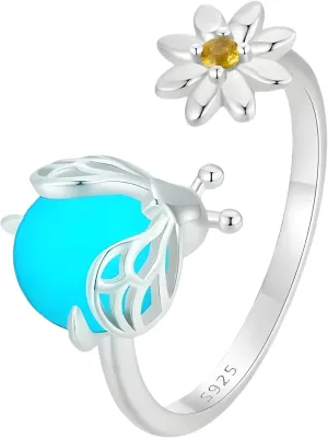 925 Sterling Silver Luminous Firefly Opening Ring For women Daisy Flower Stackable Glow In the Dark Rings Party Jewelries -NG44