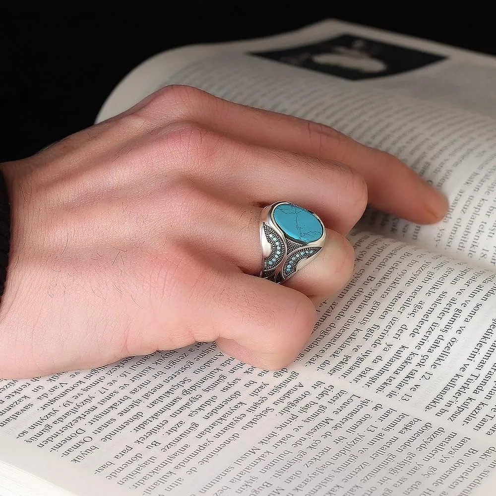 925 Sterling Silver Ring with Turquoise Stone, Handmade Men's Ring - Gift for Him