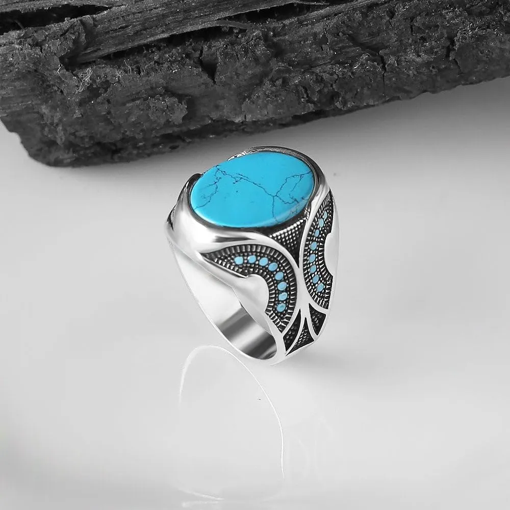 925 Sterling Silver Ring with Turquoise Stone, Handmade Men's Ring - Gift for Him