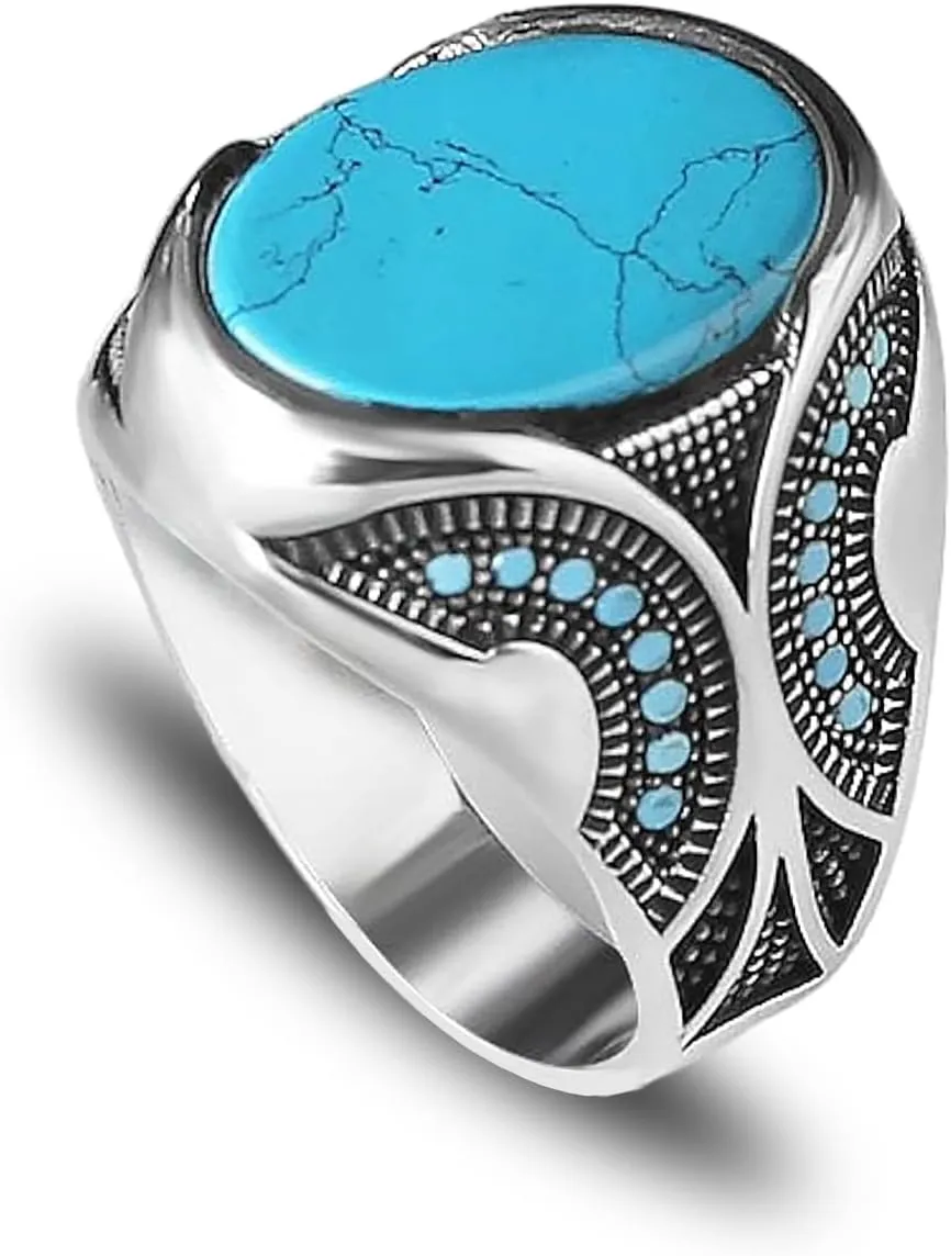 925 Sterling Silver Ring with Turquoise Stone, Handmade Men's Ring - Gift for Him