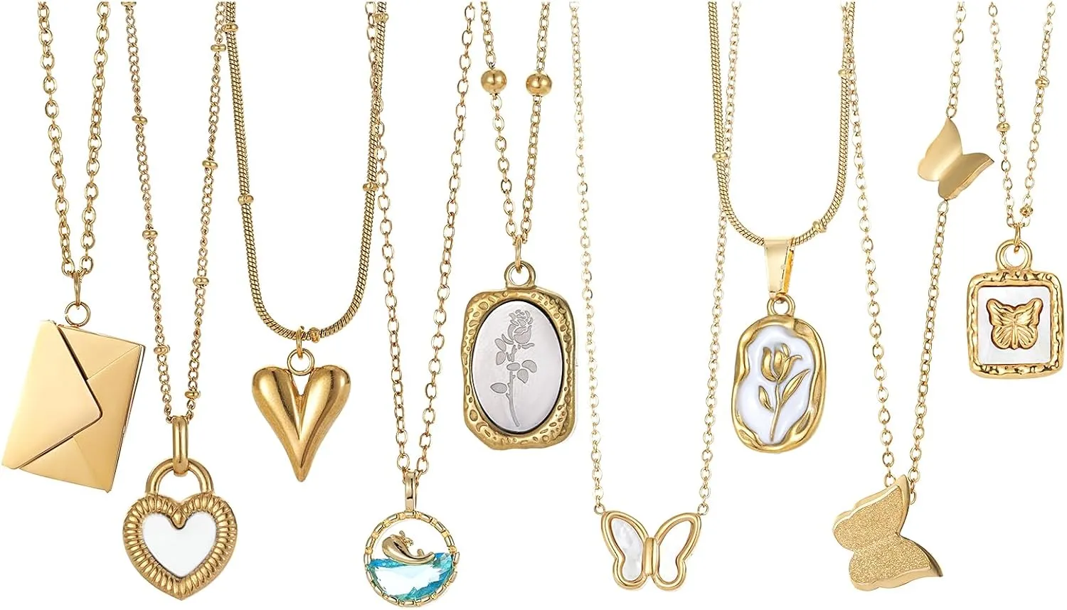 9Pcs/Set Gold Plated Charm Necklace for Women, Butterfly Heart Beads Flower Envelope Pendant Necklace Layered Chain Choker Necklace Jewelry Gift