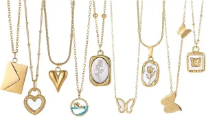 9Pcs/Set Gold Plated Charm Necklace for Women, Butterfly Heart Beads Flower Envelope Pendant Necklace Layered Chain Choker Necklace Jewelry Gift