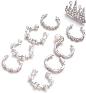 9pcs/Set Punk Crystal Ear Clip Artificial Pearl Earrings Women Geometry Ear Cuff Silver Color Ear Jewelry