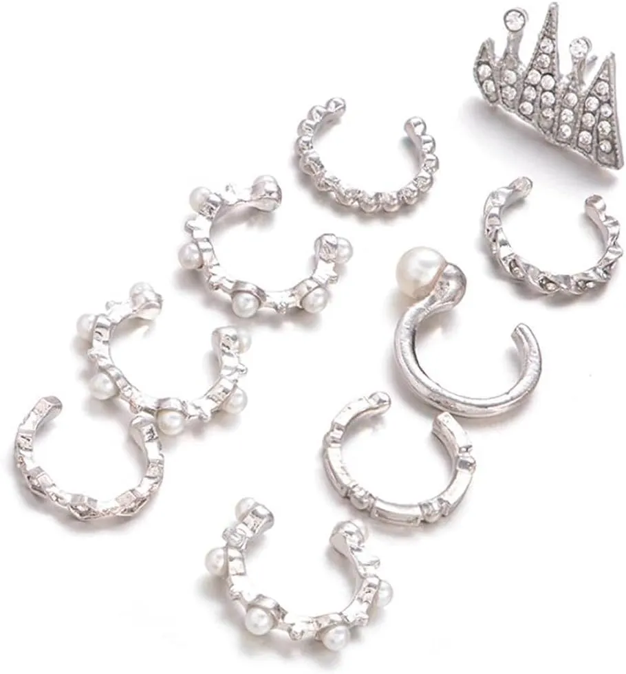 9pcs/Set Punk Crystal Ear Clip Artificial Pearl Earrings Women Geometry Ear Cuff Silver Color Ear Jewelry