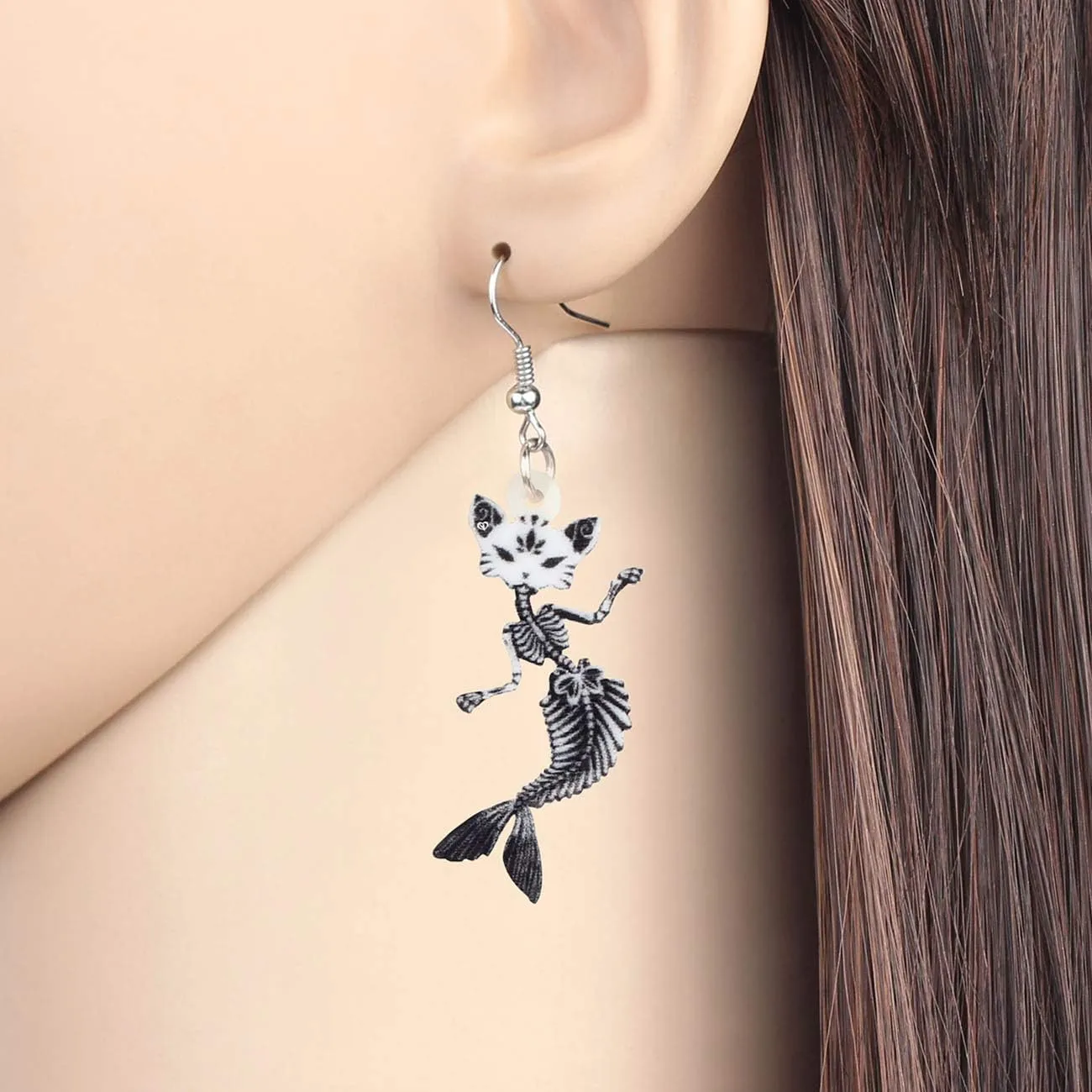 Acrylic Halloween Black Mermaid Earrings Weird Fish Bone Skull Cat Dangle Funky Gothic Jewelry for Women