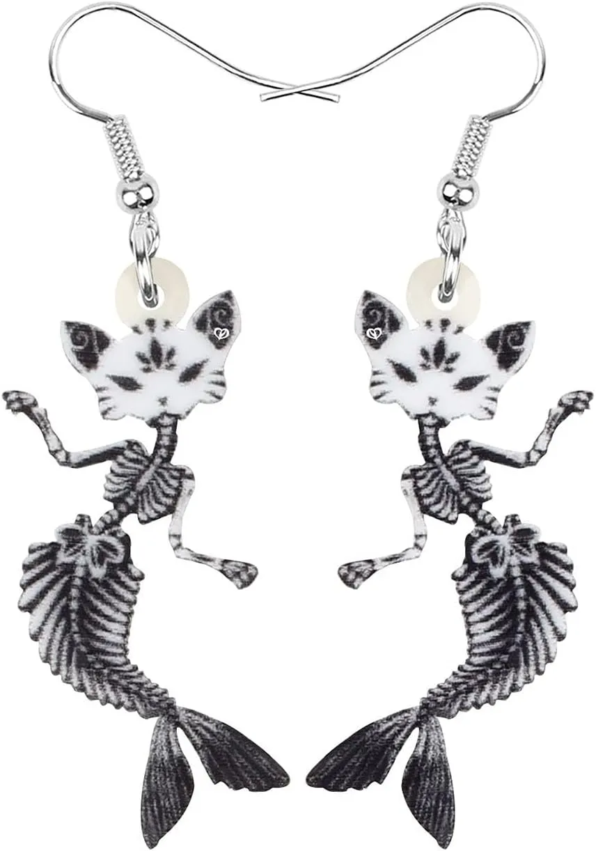Acrylic Halloween Black Mermaid Earrings Weird Fish Bone Skull Cat Dangle Funky Gothic Jewelry for Women